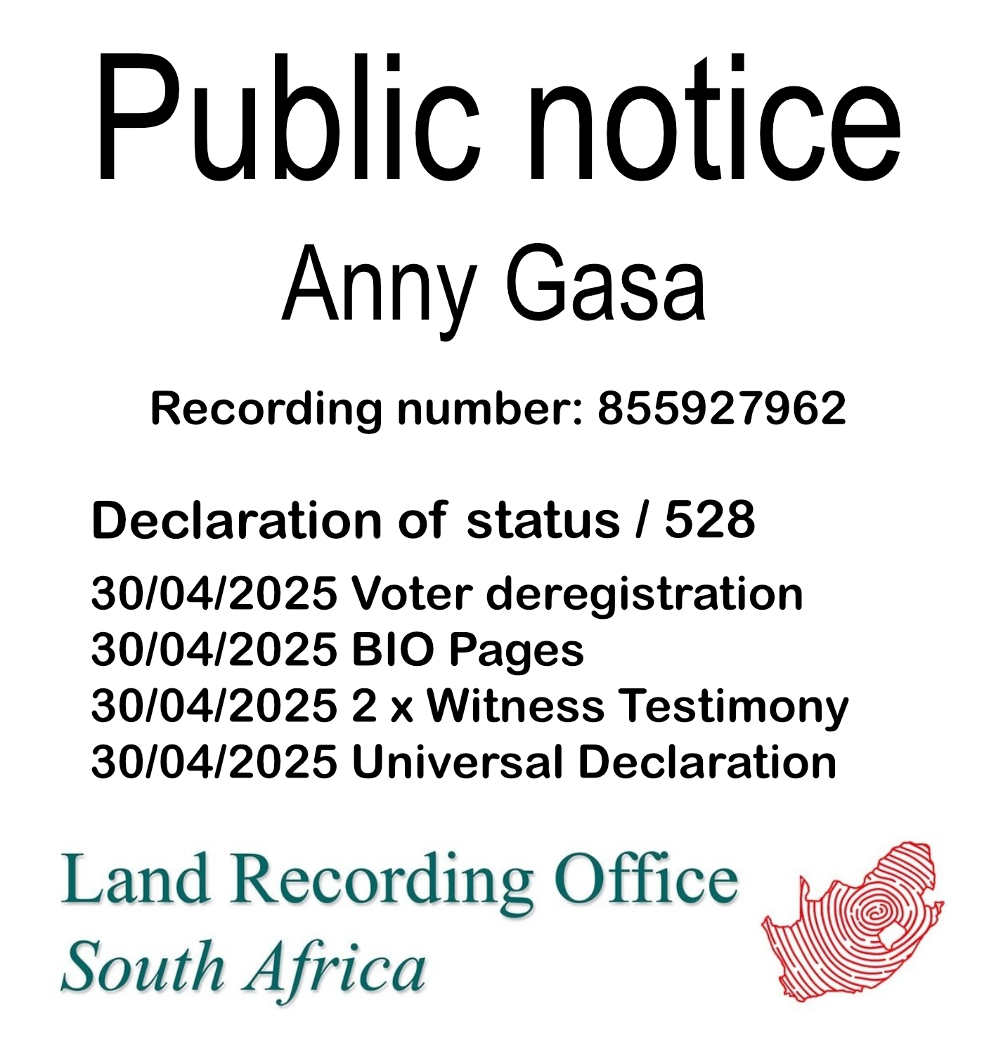 Public Notice Anny Gasa (c) Recording number 855927962